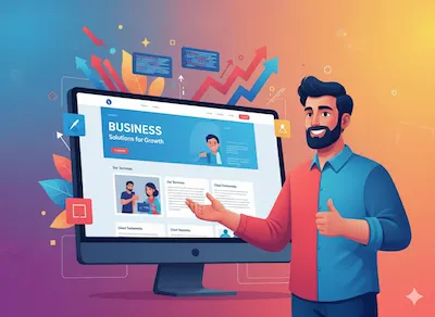 illustration of a businessman is happy for his buisness growth using our business website