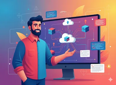 illustration of a happy developer showing how serverless full stack website works